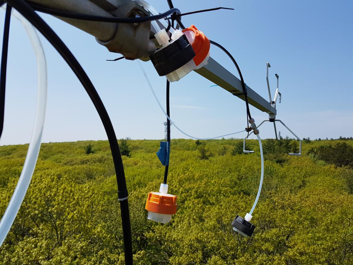 Flux towers are equipped with inlets for "sniffing the air" above the forest, in addition to other instruments such as sonic anemometers for measuring wind. Flux towers are equipped with inlets for "sniffing the air" above the forest, in addition to other instruments such as sonic anemometers for measuring wind.